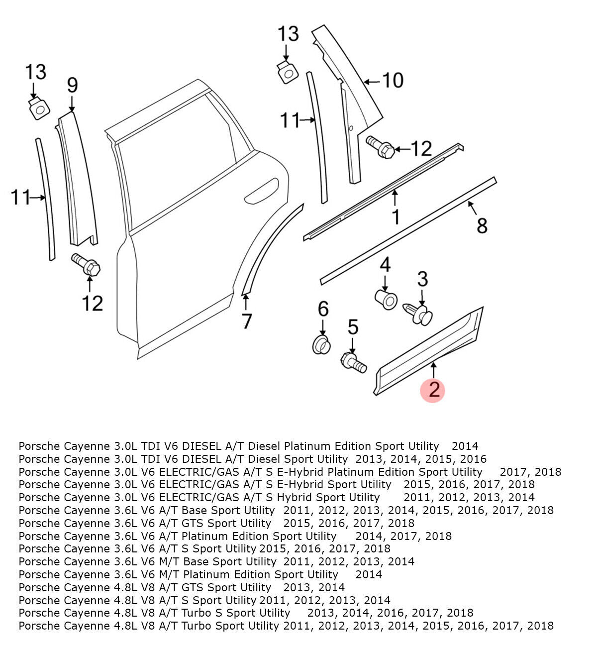 Rear Left Lower Door Molding Trim Fits Porsche Cayenne 2011-2018 95855978900G2X - German Auto Body Parts | GabParts