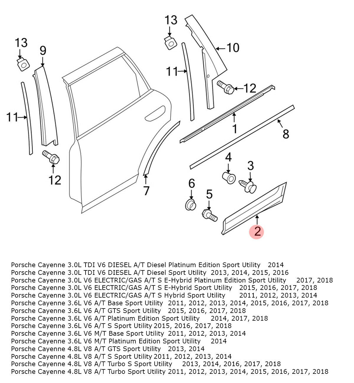 Rear Right Lower Door Molding Trim Fits Porsche Cayenne 2011-2018 95855979000G2X - German Auto Body Parts